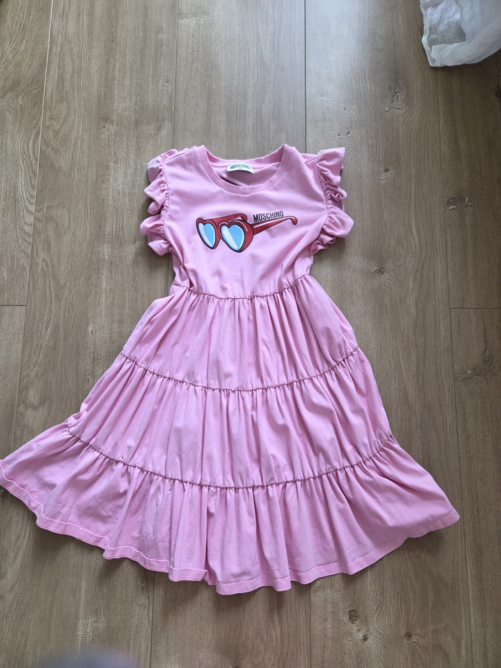 Moschino Pink Ruffle Sleeve Tiered Girls' Dress with Sunglasses Graphic